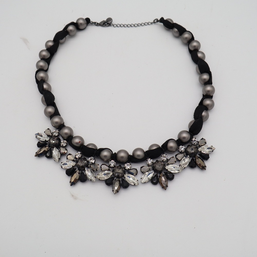 Loft Statement Necklace Gunmetal Faux Pearl Crystal Floral Bib Ribbon